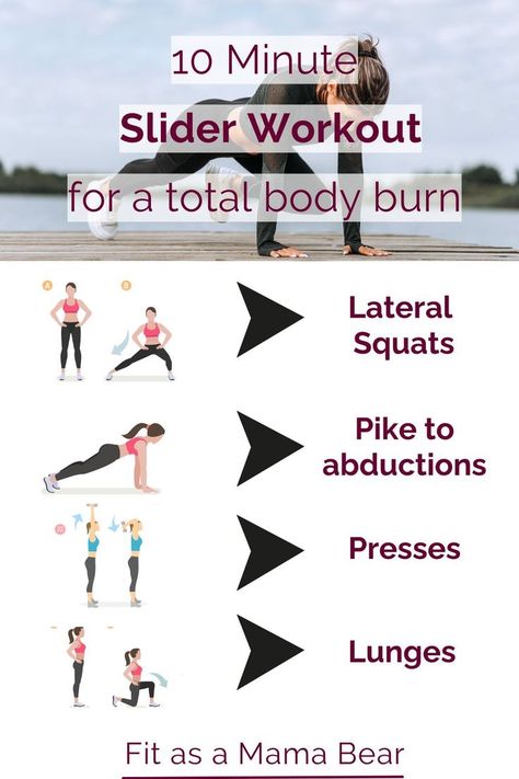 Multiple graphics of a person working out with arrows pointing to text of the workout names. Slider Workout, Ten Minute Workout, Lateral Squat, Slider Exercises, Single Leg Bridge, Post Workout Snacks, Workout Snacks, 10 Minute Workout, Glute Bridge