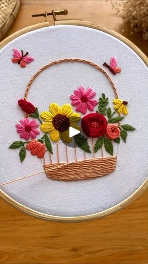 Basket Embroidery Design, Flower Basket Embroidery, Basket Embroidery, Flowers Basket, Stunning Flowers, Embroidery Lessons, 10k Views, Viral Video, A To Z