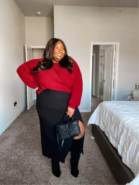 Plus Size Red Outfits, Christmas Outfit Plus Size, Red Sweater Outfit, Plus Size Winter Outfits, Maroon Sweater, Plus Size Winter, Long Sleeve Wrap Dress, Fall Winter Wardrobe, Fire Fits