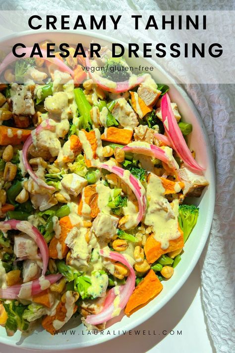 Creamy Vegan Tahini Caesar Dressing Tahini Caesar Dressing, Cava Copycat, Quick Easy Healthy Meals, Vegan Caesar, Nourishing Foods, Caesar Dressing, Healthy Gluten Free Recipes, Tahini Dressing, Wellness Recipes