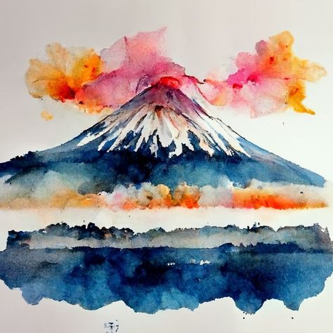 Watercolor Mount Fuji, Wall Art Deco, Travel Art Mt Fuji Watercolor, Mount Fuji Watercolor, Mount Fuji Painting, Watercolor Painting Video, Fuji Painting, Wall Art Deco, Painting Video, Watercolor Mountains, Mt Fuji