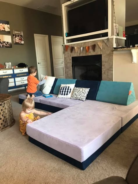 Nugget Living Room With Nugget Couch, Nugget Lounge Ideas, Nugget In Living Room, Nugget Bed Idea, Nugget Living Room, Nugget Couch Living Room, Nugget Couch Movie Night, Nugget Couch Playroom, 2 Nugget Couch Configurations