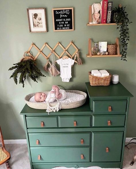 Changing Table Color Ideas, Dark Green Dresser Nursery, Green Furniture Nursery, Changing Table Dresser Ideas, Dresser Makeover For Nursery, Painted Changing Table, Nursery Dresser Paint Ideas, Sage Green Dresser Nursery, Nursery Room Inspiration Green