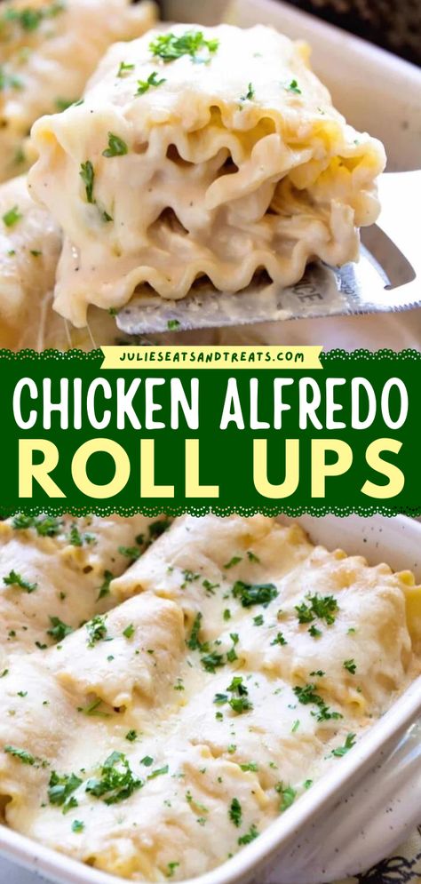 Looking for new ways to use lasagna noodles? This pasta dish will become one of your go-to family dinner ideas! Stuffed with creamy chicken alfredo and cheese, these lasagna roll ups are so delicious. Pin this for later! Chicken Alfredo Roll Ups, Chicken Alfredo Lasagna Roll Ups, Alfredo Roll Ups, Alfredo Lasagna Roll Ups, Fetuccini Alfredo, Lasagne Roll Ups, Chicken Alfredo Lasagna, Alfredo Lasagna, Lasagna Roll Ups