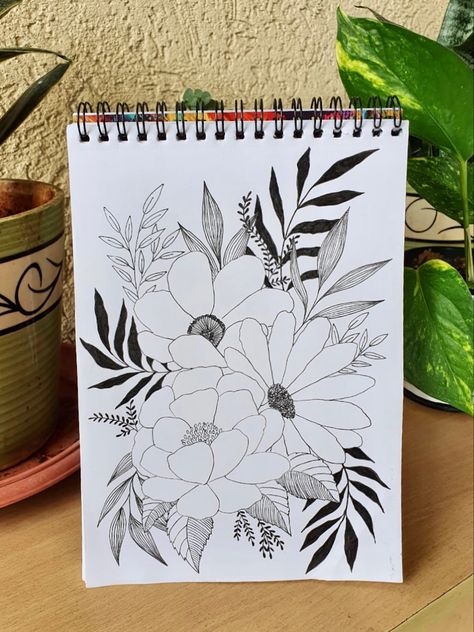 Flower Composition Drawing, Floral Drawing Design, Drawing Pictures For Kids, Flower Composition, Composition Drawing, Pencil Drawings For Beginners, Doodle Art Flowers, Gcse Art Sketchbook, Flower Drawing Tutorials