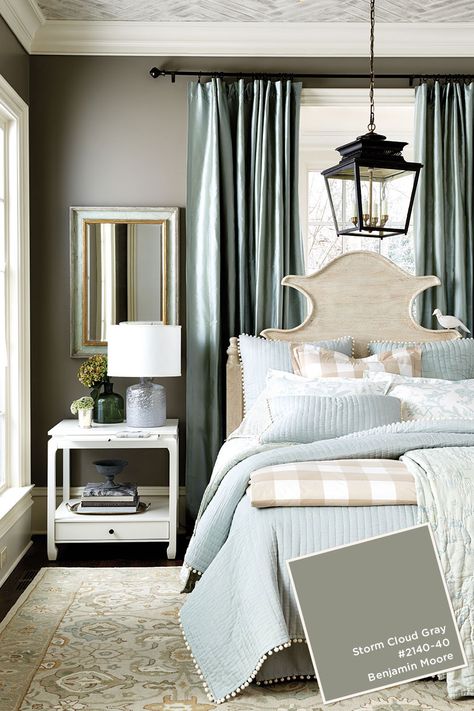 Benjamin Moore's Storm Cloud Gray in bedroom from Ballard Designs catalog Storm Cloud Gray, Paint Bedroom, Paint Color Inspiration, Paint Colors Benjamin Moore, Bedroom Paint Colors, Design Seeds, Blue Rooms, Bedroom Paint, Ballard Designs