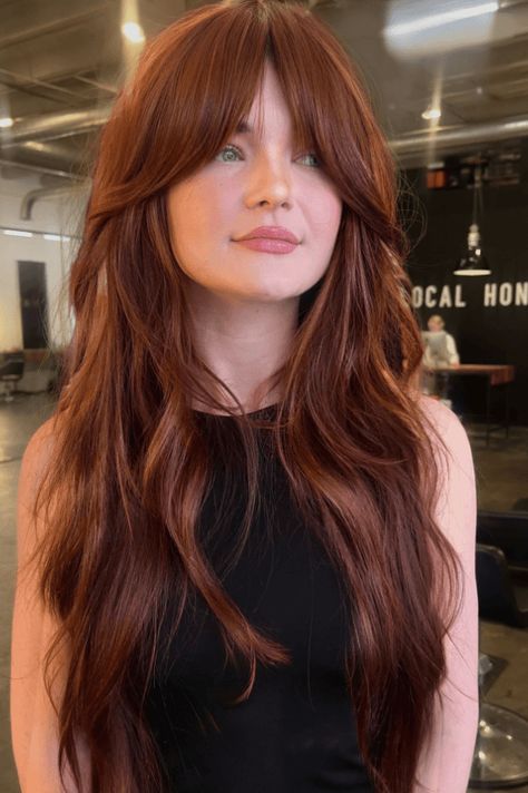 hairstyles, hair trends, beauty tips Auburn Hair With Curtain Bangs, Long Auburn Hair With Bangs, Auburn Hair Bangs, Trendy Curtain Bangs, Long Auburn Hair, Dark Auburn Hair, Hair With Curtain Bangs, Auburn Color, Tousled Bob