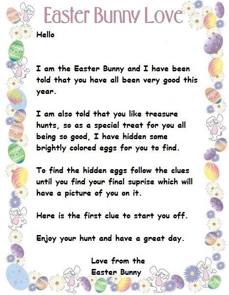 Letter from the Easter Bunny I have put together for the kids Easter egg hunt.: Easter Basket Hunt, Letter From The Easter Bunny, Kids Easter Egg Hunt, Nail Easter, Easter Egg Hunt Clues, Easter Treasure Hunt, Easter Bunny Letter, Easter Scavenger Hunt, Easter Treat Bags