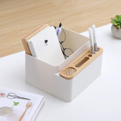 The Desktop Storage Organizer can hold your smartphone and store your pens, scissors, makeup brushes, hand cream and other small items. It help you to organize your desk and save space and time for you. Spend less time to look for where your office workspace accessories played up and more time focusing on other matters. #officesupplies #organizer #minimalaesthetic #homeoffice #backtoschool Multipurpose Office, Modern Bureau, Office Supply Storage, Desk Stationery, Makeup Brush Organization, Pen Organization, Stationery Organization, Wooden Desk, Desktop Storage