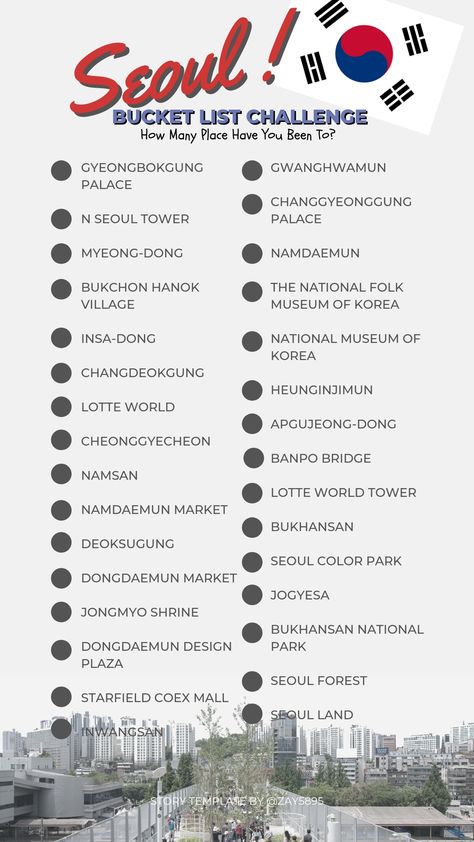 Bucket List Challenge, Seoul Itinerary, South Korea Trip, Seoul Korea Travel, Learn Korea, Seoul Travel, List Challenges, Travel Infographic, Korea Trip