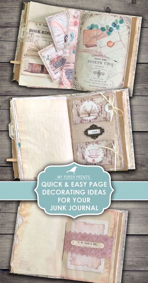 Diy Junk Journal Pages, How To Decorate Journal Pages, Junk Journal How To, Junk Journal Page Ideas Creative, Junk Journal Pages Ideas Layout Tutorial, Junk Journal Pages Ideas Layout Simple, Vintage Junk Journal Pages Ideas Layout, Ephemera Tutorials, Junk Scrapbook