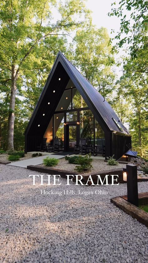 A Frame Tiny House Interiors, Glass A Frame House, How To Build A Frame, A Frame Home Design, Diy A Frame House, A Frame Cabin Loft, Airbnb House Design, Black A Frame Cabin, Black A Frame House