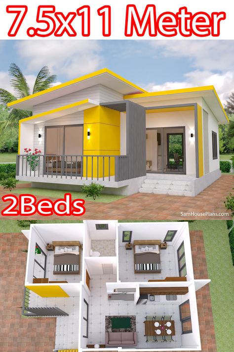 House Plans 7.5x11 with 2 bedrooms Full Plans 2 Room House Plan, Two Bedroom House Design, Small House Blueprints, Small Modern House Plans, Little House Plans, Small House Layout, Affordable House Plans, Two Bedroom House, Modern Small House Design