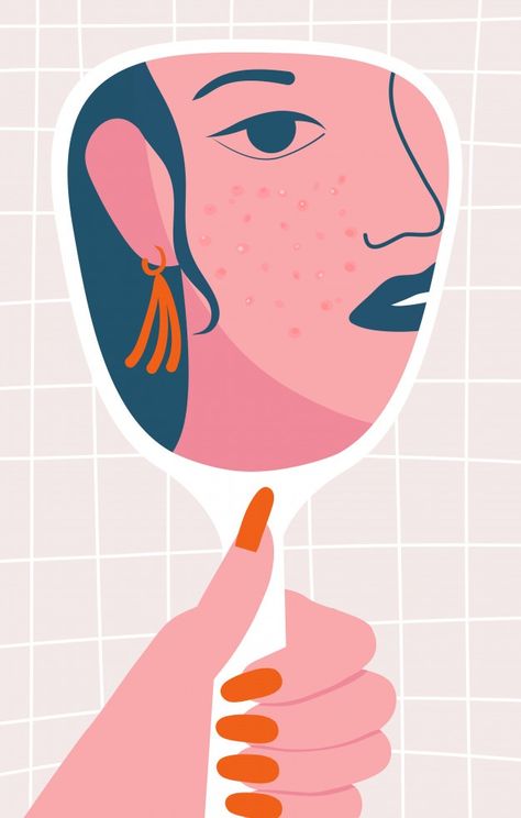 Looking At The Mirror Illustration, Acne Illustration Art, Insecure Drawing Mirror, Acne Positivity Art, Looking In Mirror Illustration, Self Acceptance Illustration, Acne Illustration, Looking At Mirror, Lainey Molnar