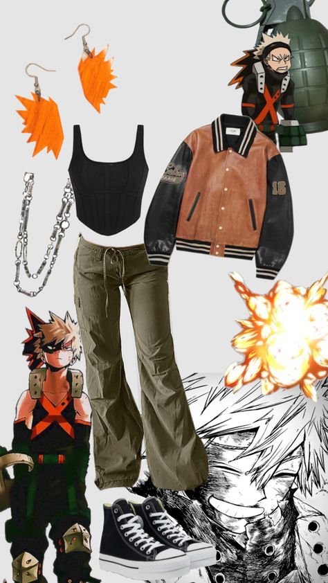 #bakugoukatsuki #bakugo #mha #myheroacademia #bomberjacket #earrings #necklace #silverchain #cargopants Outfits Inspired By Mha Characters, Bakugou Cosplay Diy, Bakugo Earrings, Deku Inspired Outfit, My Hero Academia Outfits Ideas, Bakugo Outfit Ideas, Bakugou Inspired Outfit, Bakugo Inspired Outfit, Character Inspired Outfits Anime