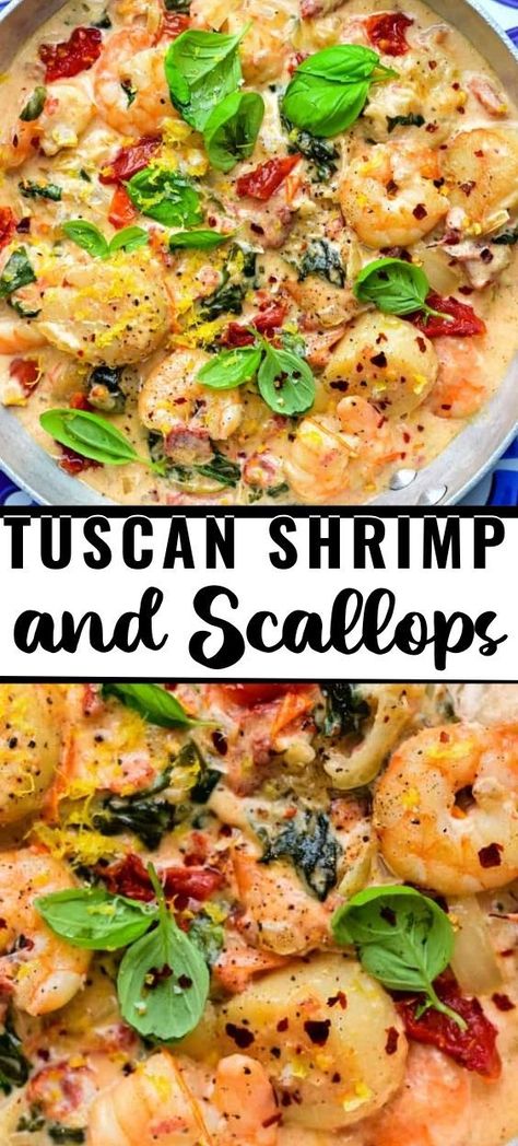 Tuscan Shrimp and Scallops in a rich creamy sauce with sun dried tomatoes and spinach. A super easy recipe that’s quick enough for a weeknight dinner but fancy enough for a dinner party! Scallop And Shrimp Pasta, Sun Dried Tomatoes And Spinach, Scallop Recipes Pasta, Shrimp And Scallop Recipes, Tuscan Shrimp, Scallop Pasta, Shrimp Linguine, Shrimp Scallops, Baked Shrimp