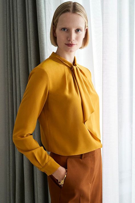 Working Smart, Mustard Shirt, Elegant Tops, Pre Fall Collection, The Fold, Fall Collection, Simple Elegance, Work Attire, Work Outfits