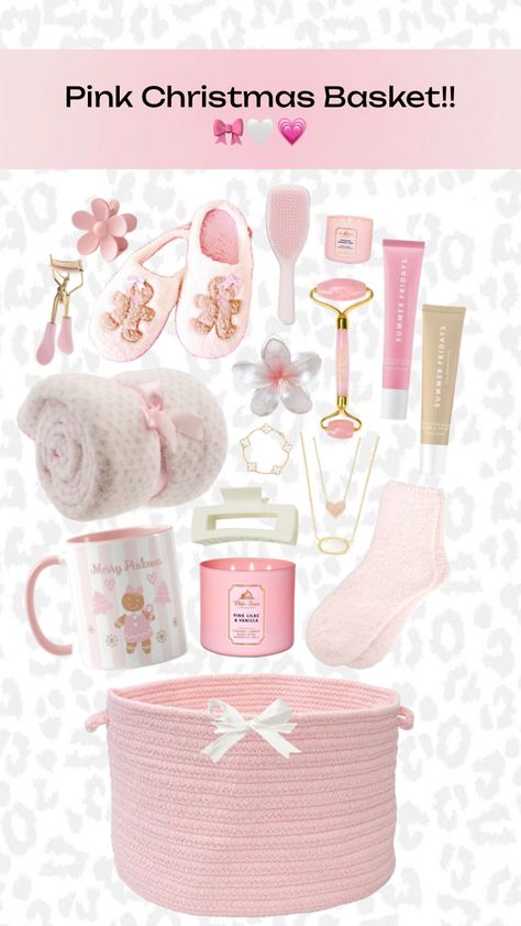 #fyp #pink #christmas #pinkmas #giftideas #giftbasket #ideas #inspo Valentine’s Day Basket For Bsf, Pink Christmas Basket Ideas, Pink Burr Basket Ideas Cheap, Pink Christmas Gift Ideas, Basket Giveaway Ideas, Christmas Basket For Girlfriend, Pink Christmas Basket, Pinkmas Wishlist, Cheap Christmas Wishlist Ideas