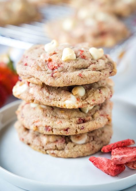 These Strawberry Cookies are loaded with dried strawberries and white chocolate for a soft, chewy, and delicious treat! Strawberry White Chocolate Chip Cookies, Strawberry Cookie Recipe, Strawberry Chocolate Chip Cookies, Strawberry White Chocolate, White Chocolate Strawberries, White Chocolate Chip, White Chocolate Cookies, White Chocolate Chip Cookies, Strawberry Cookies