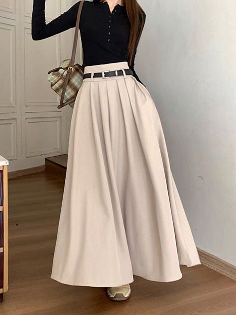 Khaki Casual Collar  Woven Fabric Plain Flared Embellished Non-Stretch  Women Clothing Maxi Skirt Pleated, Long Khaki Skirt Outfit, Cute Long Skirts, Skirts With, Long Skirt Girly, Jupe Outfit, Khaki Clothes, Long Skirts Outfit, Simple Long Skirt