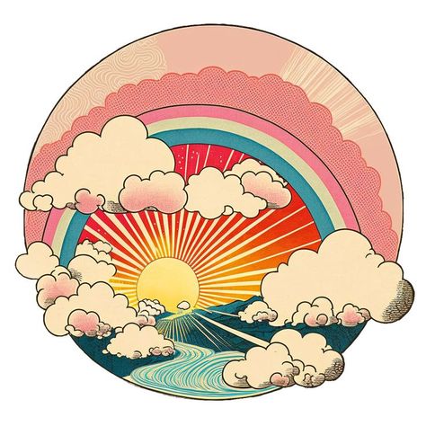 a rainbow in a pink sky surrounded by clouds and a sun shining at the bottom. Rainbow With Clouds Drawing, Retro Sun Illustration, Rainbow Illustration Design, Vintage Rainbow Aesthetic, Sun Art Drawing, Rainbow Illustration Art, Retro Rainbow Wallpaper, Rainbow Sketch, Sunrise Illustration