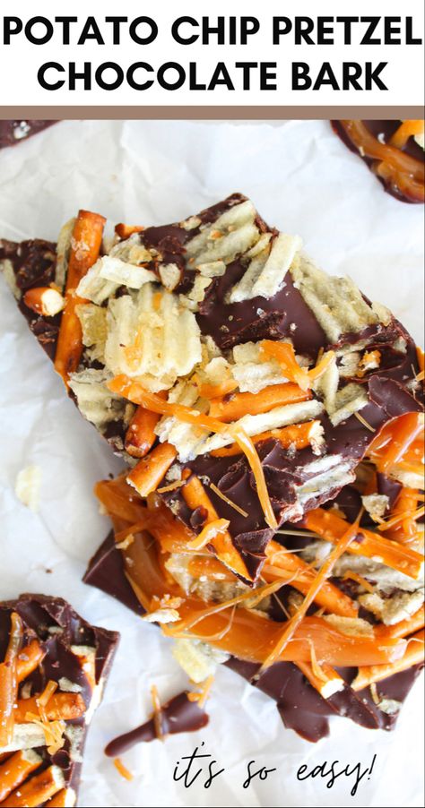 This salty potato chip pretzel chocolate bark is the perfect, easy holiday dessert to keep for yourself or share with loved ones! Made with crunchy potato chips, salty pretzels, smooth chocolate, and rich caramel, this recipe brings together all of your favorite tastes in one easy dessert. #chocolatebark #easyrecipe #christmasdesserts Sweet And Salty Bark, Potato Chip Chocolate Bark, Sweet And Salty Chocolate Bark, Potato Chip Dessert Recipes, New Years Candy Ideas, Pretzel Chip Toffee, Potato Chip Bark Recipes, Potato Chip Chocolate Clusters, Chocolate Potato Chip Clusters