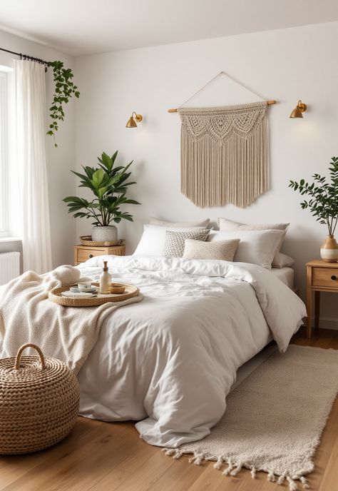 Scandi Boho Decor Boho Scandinavian Bedroom, Minimal Boho Bedroom, Scandi Boho Living Room, Scandi Kids Room, Dreamcatcher Ideas, Bedding Cozy, Boho Decor Ideas, Boho Entryway, Boho Ideas