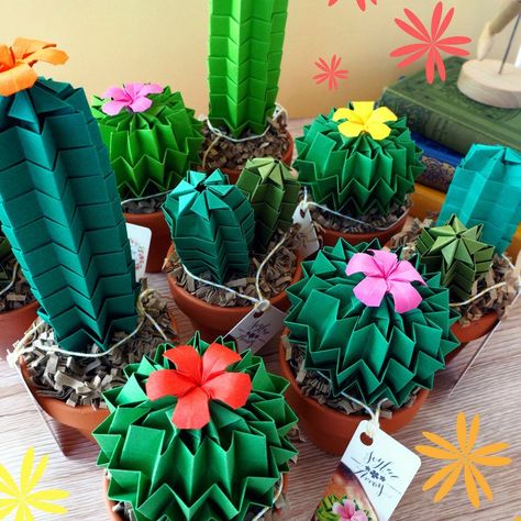 Origami Paper Cactus In Olive Green With Orange Blossom Home | Etsy Monumental Vbs, Paper Cactus, Paper Succulents, Paper Flowers Diy Easy, Origami Techniques, Snowflake Craft, Forever Green, Japanese Origami, Paper Plants