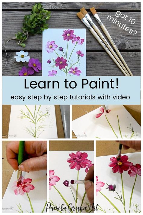 Flowers Cosmos, How To Paint Flowers, Painting Lesson, Flowers Acrylic, Paint Flowers, Cosmos Flowers, Acrylic Painting Flowers, Learn How To Paint, Paint Acrylic