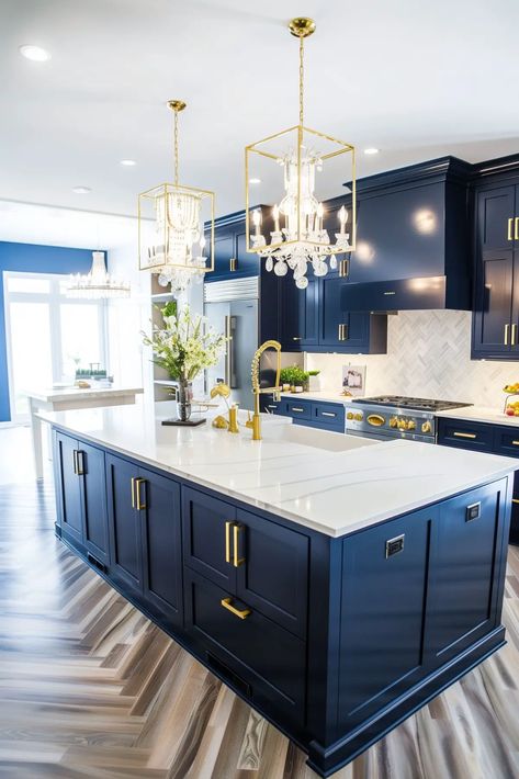 25 Navy Blue Kitchens You’ll Fall in Love With - Kitchen Informant Blue Kitchen With Black Appliances, Blue Black Kitchen Island, Navy And White Kitchen Decor, Blue White Kitchen Cabinets, Navy Island White Cabinets, Navy Blue And Gold Kitchen, Royal Blue Kitchen Cabinets, Blue Island White Cabinets, Modern Navy Kitchen