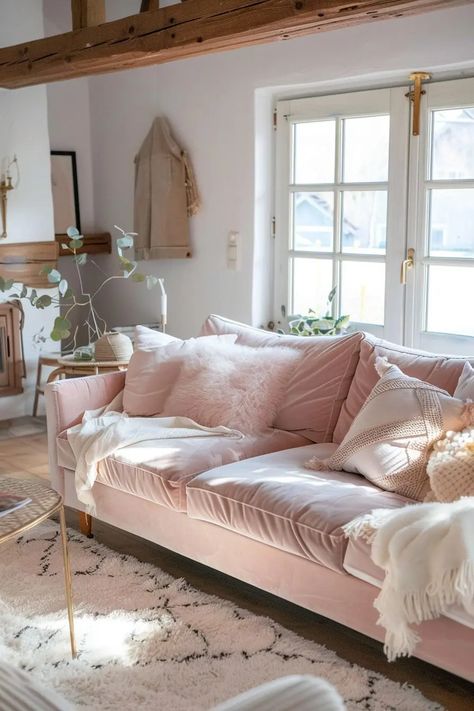 Light Pink Living Room Decor, Pink Couch White Cushions, Pale Pink Living Room, Pink Couch Living Room Ideas, Pink Sofa Living Room Ideas, Velvet Couch Living Room Ideas, Pink Sofa Cottage, Cottage Pink Sofa, Light Pink Velvet Couch