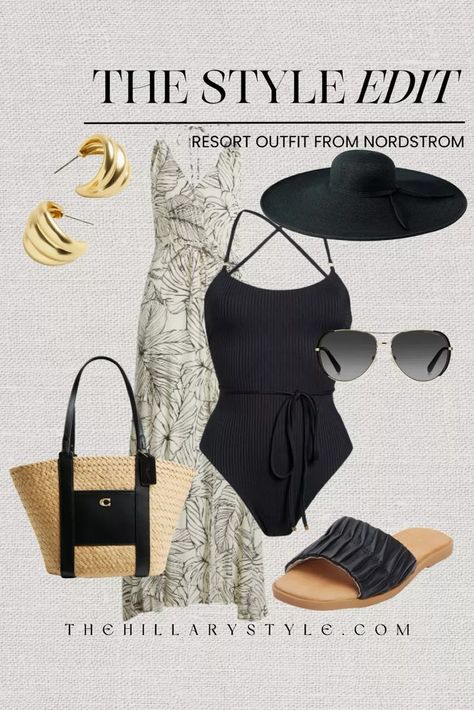 The Style Edit: Resort Outfit from Nordstrom. Vacation outfit perfect for summer travel. Floral dress cover-up, swim cover-up, floral cover-up, floral dress, ribbed swimsuit, black swimsuit, black one piece, black sandals, straw handbag, straw bag, black sun hat, gold hoops, sunglasses. Elan, Vitamin A, Coach, Beach by Matisse, Madewell, Marc Jacobs, Nordstrom. Hawaii Vacation Outfits, Ribbed Swimsuit, Swim Outfit, One Piece Black, Resort Outfit, Straw Handbags, Swimsuit Black, Style Edit, Vacation Outfit