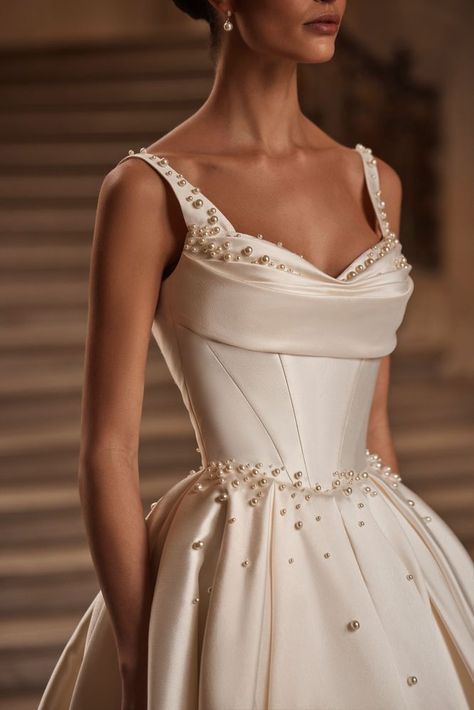 Alaia - Wedding Dress | Milla Nova Old Money Pearls Aesthetic, Pearl Satin Wedding Dress, Old Money Ball Gowns, Elegant Old Money Wedding Dress, Bridal Gown Aesthetic, Wedding Dress Coquette, Italian Fashion Aesthetic, Classic Ball Gowns, Bride Dress Classic