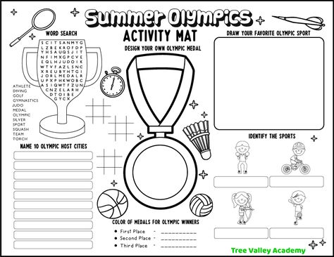 Summer Olympic Activity Sheets Olympic Printables, Summer Olympics Activities, Olympics Facts, Olympic Winners, Olympics Activities, Activity Sheets For Kids, Ramadan Activities, Olympic Medals, Activity Mat