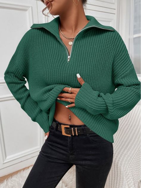 Casual Pullover Sweater, Drop Shoulder Sweater, Drop Shoulder Sweaters, Outfit Inspiration Fall, Ribbed Knit Sweater, Online Dress Shopping, Green Sweater, Casual Pullover, Knitwear Women