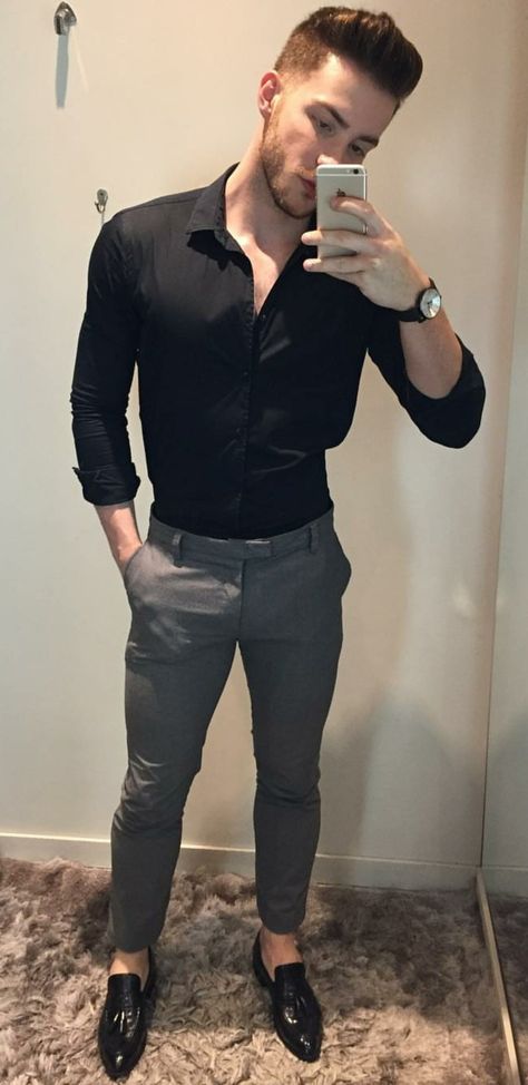 Black Formal Shirt For Men, Black Formal Dress Men, Black Shirts For Men, Black Shirt Outfit, Black Shirt Outfit Men, Black Shirt Outfits, Blazer Outfits Men, Shirt Outfit Men, Formal Men Outfit