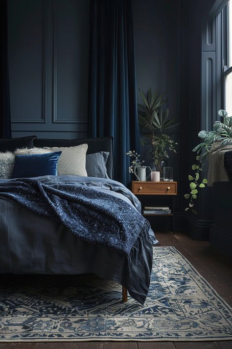 Gothic Blue Bedroom, Monochrome Blue Bedroom, Moody Blue Bedroom Ideas, Indigo Room Aesthetic, Moody Bedroom Blue, Dark Blue Moody Bedroom, Blue Color Drenched Bedroom, Black And Navy Bedroom, Blue Moody Bedroom