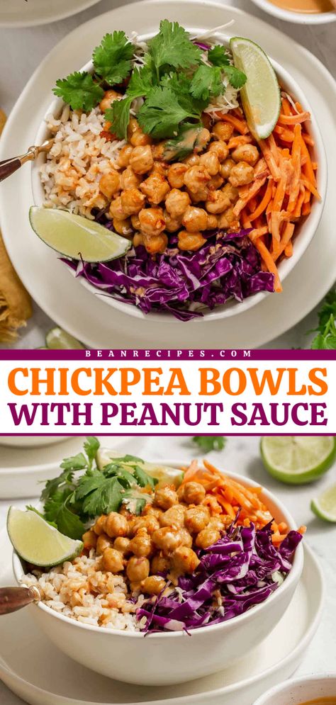 This easy meal for lunch is great to make ahead! With plenty of vegetables and a peanut sauce on top, these vegan chickpea bowls are not only colorful and vibrant but also satisfying. This garbanzo bean recipe is also a family-friendly dinner! Thai Peanut Chickpea Bowl, Bean Bowls Healthy, Nutrient Meals, Chickpea Rice Bowl, Chickpeas And Rice, Bean Dinner, Chickpea Bowls, Easy Bean Recipes, Chickpea Rice