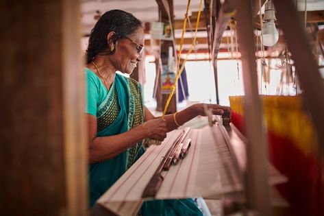 In August 2018, a sleepy handloom village called Chendamangalam was left reeling from the floods and torrential rains that devastated Kerala. The small hamlet, perched in the Ernakulam district, is most renowned for its handmade kasavu saris that stand out for their quiet elegance and visual restraint. “The saying that when you entered Chendamangalam, all you heard was the rhythm of the loom is no exaggeration,” says Shivadasan CK, a 57-year-old weaver with over 38 years of experie Ivory Palette, Handloom Weaver, Quiet Elegance, Vogue India, Village Life, Weaving Techniques, The Loom, Kerala, Occasion Wear