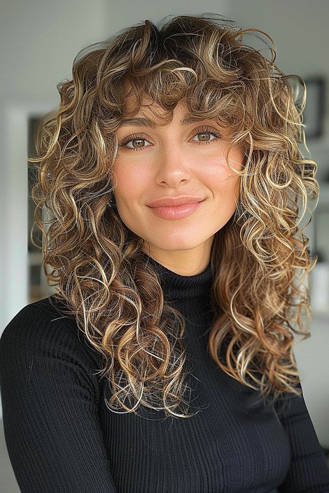 The Best Curly Hairstyles & Haircuts of 2024 Curly Shag Before And After, Curly With Fringe, Heavy Bangs Curly Hair, Long Curly Layers With Bangs, 2c Hair With Bangs, Rezo Cut Curly Hair Short, Layered Curly Haircuts With Bangs, Curly Haircut Bangs, Long Curly Cut With Layers