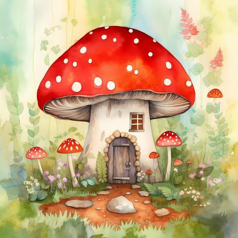 Fairy House Drawing, Akvarel Illustration, Mushroom Clipart, Mushroom Paint, Desain Buklet, Mushroom Drawing, Mushroom Fairy, Mushroom House, Mushroom Art