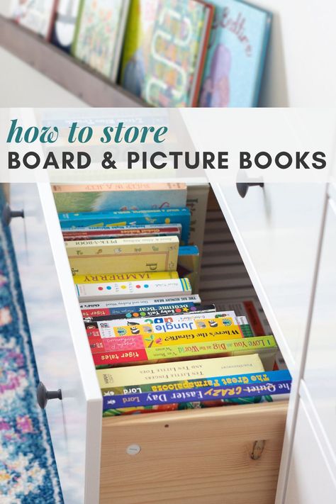 Nursery Book Organization Ideas, Kids Book Storage Closet, Book Storage Small Space Kids, Book Storage Bins, Book Organization Nursery, Books In Drawers, Nursery Book Organization, Book Storing Ideas, How To Store Lots Of Books