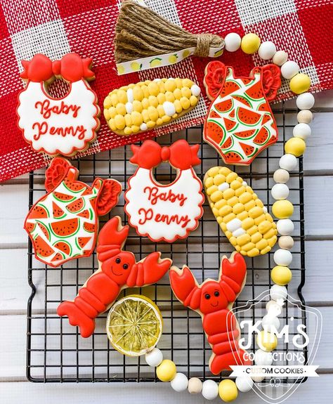 Seafood Boil Baby Shower Ideas, Crawfish Boil 1st Birthday Party, Crawfish Gender Reveal Party, Crawfish Boil Gender Reveal Ideas, Crawfish Boil Cookies, Fish Fry Party Decorations, Crawfish Baby Shower Ideas, Crawfish Boil Baby Shower Ideas, Crawfish Gender Reveal