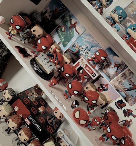 Marvel Shelf Ideas, Marvel Funko Pop Display, Funko Pop Aesthetic, Marvel Display, Marvel Room Ideas, Funko Display Ideas, Garrison Abbey, Funko Pop Display Ideas, Bad Reputation Duet