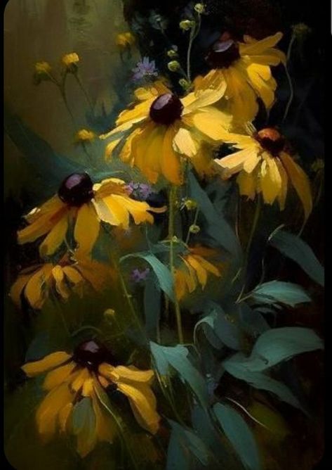 Tamer Shn Acrylic Ideas, Floral Landscape, Pastel Sec, Beautiful Oil Paintings, Art Print Display, Sunflower Painting, Black Eyed Susan, Black Eyed, Painted Flowers