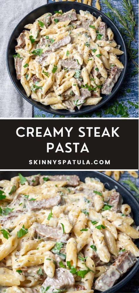 Steak Pasta Recipes Healthy, Steak Pasta Instant Pot Recipes, Beef Spinach Pasta Recipes, Easy Steak Dinner For Two, Dinner Idea Pasta, Strip Steak Pasta Recipe, Steak Pasta Meal Prep, Tuna Steak Pasta, Creamy Steak Recipes