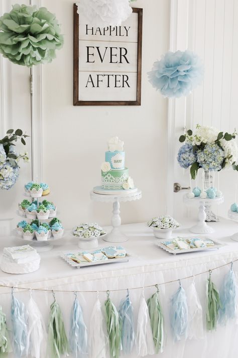 Baby Boy Shower Dessert Table, Blue And Green Baby Shower Ideas Boys, Sage Green And Blue Baby Shower Ideas, Blue Green Baby Shower Ideas, Blue Baby Shower Table Decor, Simple Baby Shower Table, Green And Blue Baby Shower Ideas, Simple Blue Baby Shower Ideas, Baby Shower Cake Table Ideas