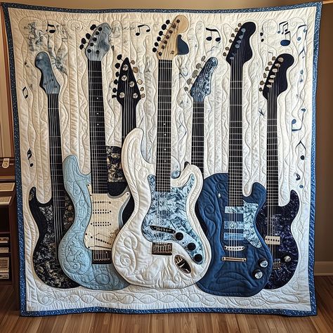 Guitar Quilt Pattern, Music Quilt, Guitar Quilt, Quilt Pillow Case, Quilted Blanket, Quilts Patterns, Medallion Quilt, Place Mats Quilted, Christmas Tree And Santa