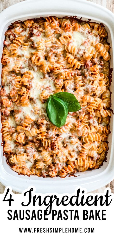 Delicious and easy, this 4 ingredient recipe pasta dish a weekly home-run. A go-to for our fast paced life, this NEVER fails. We make almost weekly and it never gets old! Pasta sauce, mozzarella, sausage, and pasta... thats all it takes! Pasta Sausage Casserole Recipes, Sausage Pasta Bake Easy, Italian Sausage Rotini Pasta Recipes, 4 Ingredient Pasta Recipes, Sausage And Rotini Pasta, Pasta Mama Recipe, Simple Pasta Bake Recipes, Sausage Rotini Pasta Recipes, Sausage And Pasta Recipes Easy