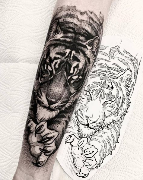 Black And White Tiger Tattoo, Tiger Forearm Tattoo, White Tiger Tattoo, Tiger Tattoo Sleeve, Lion Tattoo Sleeves, Tiger Tattoo Design, Forarm Tattoos, Tattoo Zeichnungen, Forearm Sleeve Tattoos